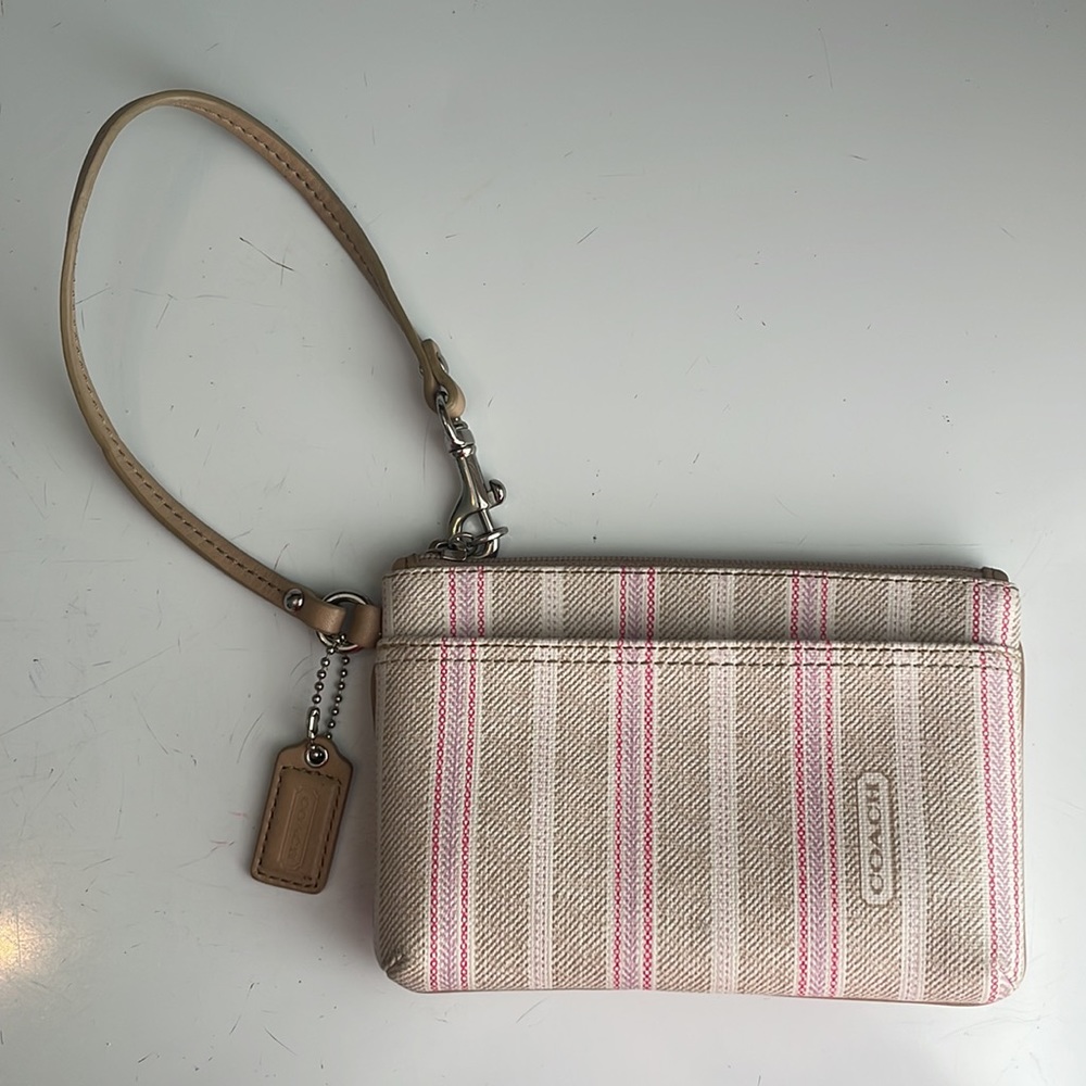 Coach wristlet wallet khaki pink white stripes pockets zipper clutch purse